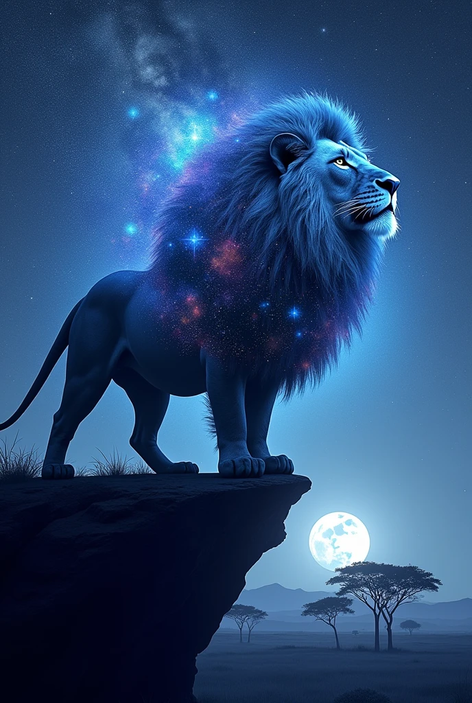 Majestic Lion with a Cosmic Mane: A powerful lion with a mane that resembles a galaxy, filled with stars, nebulae, and swirling cosmic dust. The lion stands regally on a cliff, overlooking a vast savanna under a starry night sky."