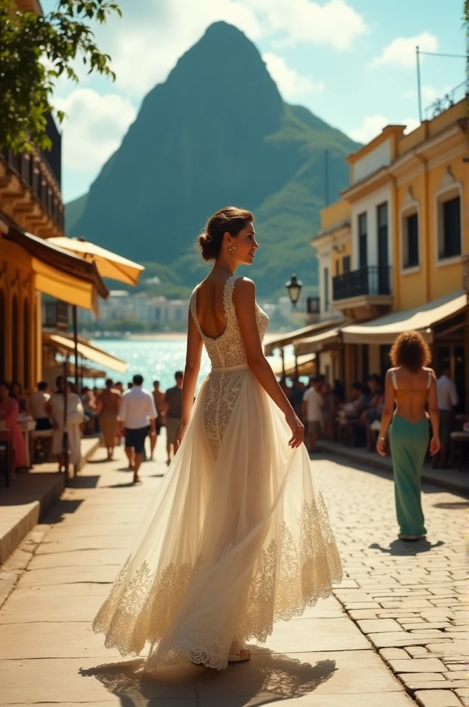 white courtesan woman, with elegant dress, walking through the center of Rio de Janeiro in 1860, admiring all the beauty of the city that had mountains, beach and beautiful buildings