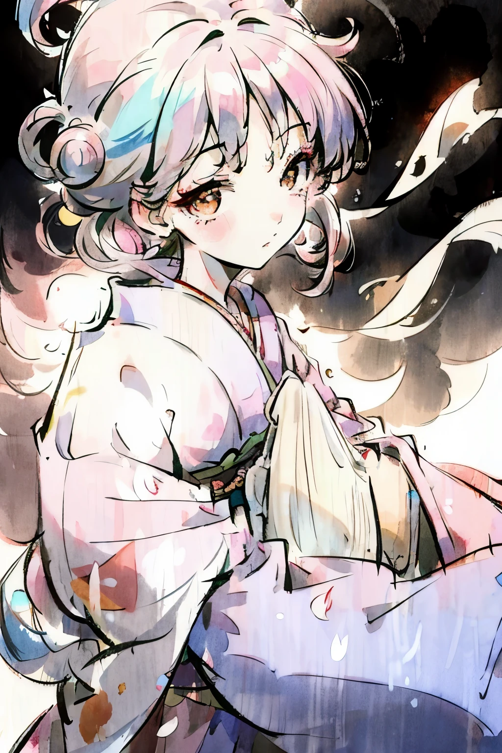 Beautiful colored pencil art of a woman in a kimono. Pastel colors, natural anime face, anime art, idol face, portrait, detailed art, colored pencils, light touch, soft focus, soft colors, soft expression, well-defined features. Model is a Japanese anime rurouni kensin from Kamiya Kaoru, a female swordsman.