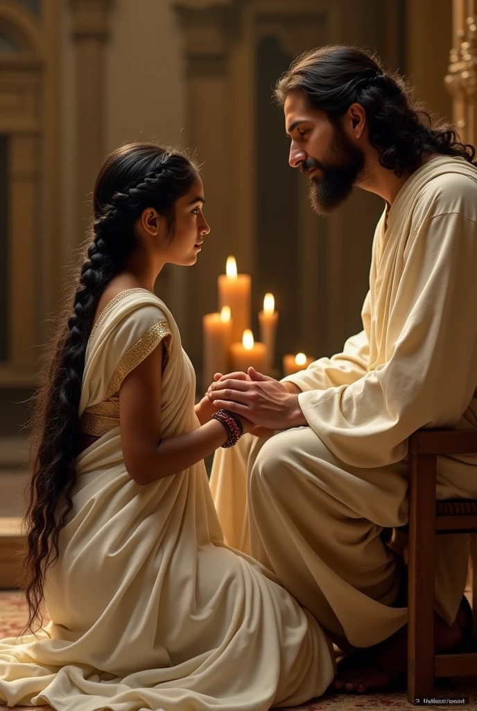 An indian beautiful young women wearing white saree with long thick black hair braided upto her waist and her covered with veil praying to God on her knees where Jesus in Hebrew dress attire sitting beside her on the chair and consoling the young girl