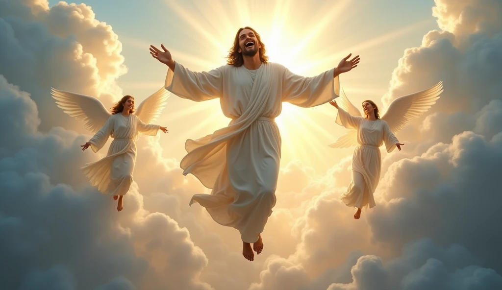 Jesus descending in the middle of the clouds, with an imposing appearance, with a heavenly radiance while the sky is open, and with angels , no wings