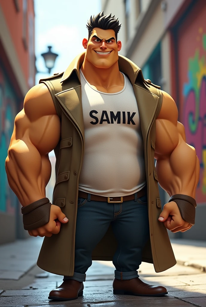 a minion in a coat, with biceps and abs, with a white T-shirt with the inscription samik on it, A smirk on his face