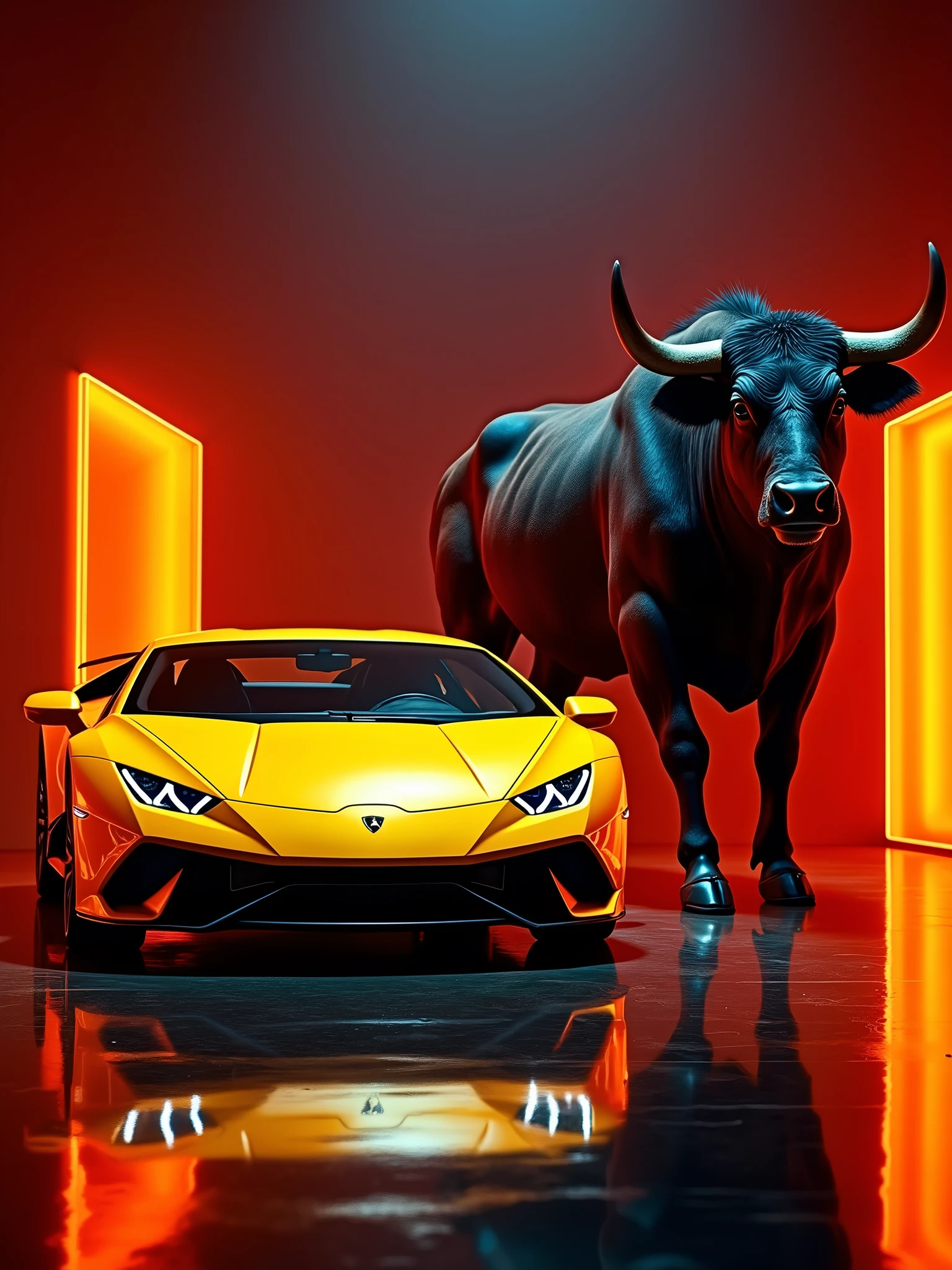 A stunning photograph featuring a sleek yellow Lamborghini Huracán Evo, parked alongside a massive, imposing black bull. The neon lights in electric orange tones create a captivating atmosphere, casting a vibrant glow on the car's elegant design and the bull's muscular form. The background is a deep, dark abyss, with a reflective floor that enhances the vivid colors and depth of this extraordinary, and cinematic image., cinematic, vibrant, poster, photo