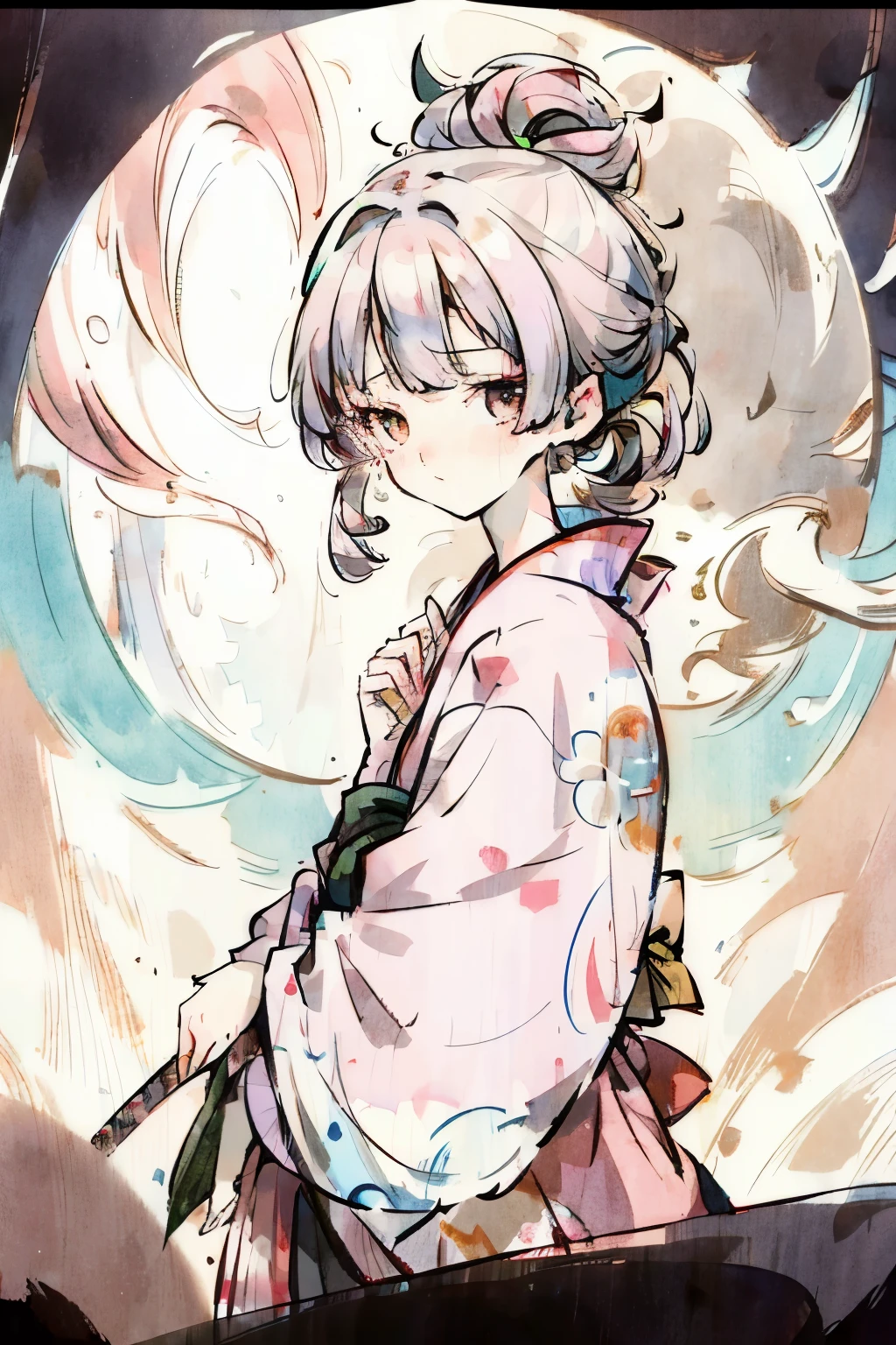 Beautiful colored pencil art of a woman in a kimono. Pastel colors, natural anime face, anime art, idol face, portrait, detailed art, colored pencils, light touch, soft focus, soft colors, soft expression, well-defined features. Model is a Japanese anime rurouni kensin from Kamiya Kaoru, a female swordsman.