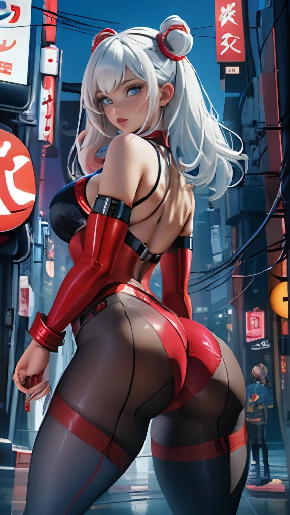 (rear view, backside view),(La Best Quality,A high resolution,Ultra - detailed,actual),Ariana Grande with white shoes and( shackles:1.3),(pantibright red tights nylon /shackles:1.4), tight red top, (full gray white hair:1.4 ) , (tokyo night alley background :1.4), More detailed 8K.unreal engine:1.4,UHD,La Best Quality:1.4, photorealistic:1.4, skin texture:1.4, masterpiece:1.8,first work, Best Quality,object object], (detailed face features:1.3),(The correct proportions),(Beautiful blue eyes),  (cowboy pose), (fingers detailed :1.4), ,( cyberpunk 2.1), (kawaii style:1.4) , (bright red tights/shackles:1.4),(Perfect anatomy), (nylon red pantyhose :1.4), (red tail lift shoes:1.4) huge round buttocks,