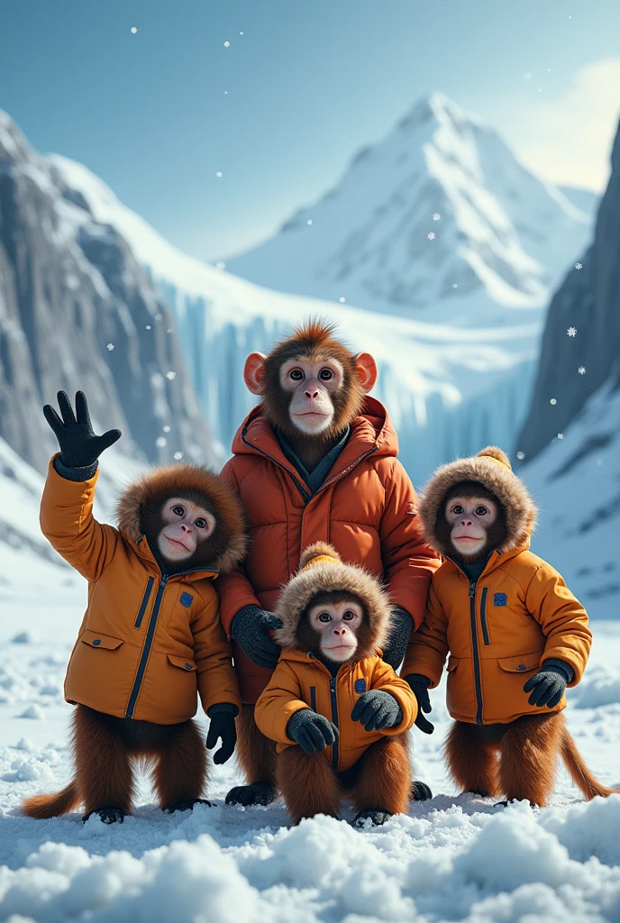 Make a picture of 4 female and 1 male monkeys. with brown fur and realistic anime design Looking for the camera using cold suits, artic background. Each one doing different poses or different gestures. Remember to put different cold outfits
