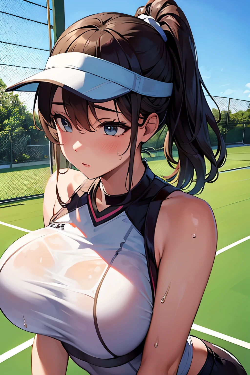 Masterpiece, Best quality, Beautiful girl, Beautiful face, Ponytail, Tennis court, Tennis wear, Sweat, Wet skin, Big breasts,