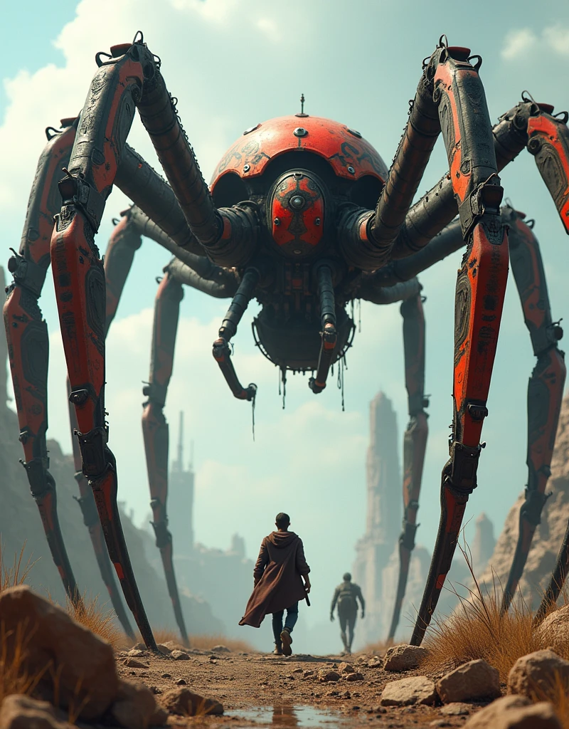 a photorealism of 3 giant cyberpunk style mechanical and metallic spiders on a saddle, HD 4k high definition ultra realistic dynamic hyper realistic oled, Vibrant, subsurface dispersion, amazing fine detail, in a post-apocalyptic war game. At his feet, a human being looks frightened at the metal spider and another runs in the opposite direction, frightened..