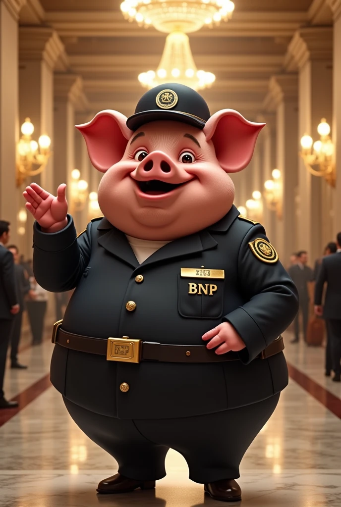 Make me a pig dressed as a security guard, that is at the entrance of a Bank and has the initials BNP and that is touching another person