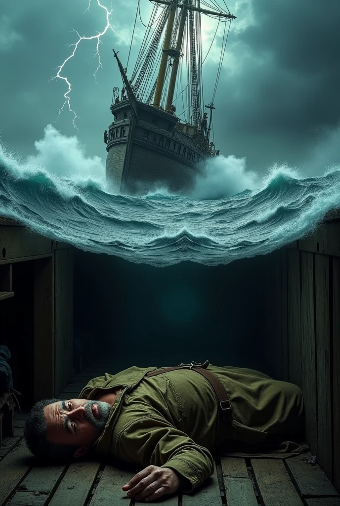 A realistic image in horizontal form, There is an old-looking crew in the middle of the sea going through a strong storm, while the crew with faces of anguish try to control the ship, inside the ship, In the basement there is a man dressed in a tunic, old working class appearance sleeping on the floor of the ship