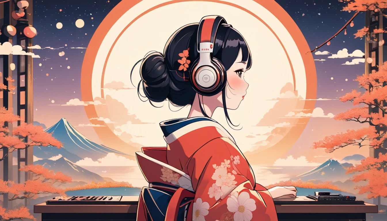 Maiko wearing Japanese style headphones、Wide-angle lens, Lofi Anime, Lofi illustration, Aesthetic atmosphere, Lo-Fi Style, Vector art, Flat Design, Simple shape, Warm tones, Pleasant atmosphere, Chill, In anime style, Digital drawing, Vector art, Vector logo for t-shirt printing, (Adorable:1.5), (small:1.4), (Playful:1.2), (soft:1.3), (Whimsical:1.1), masterpiece, Highest quality, 8k, Intricate details, grow, Celestial, Mysterious, Picturesque, amazing, Majestic, Magic, Fantasy art, Cover art, dream-like