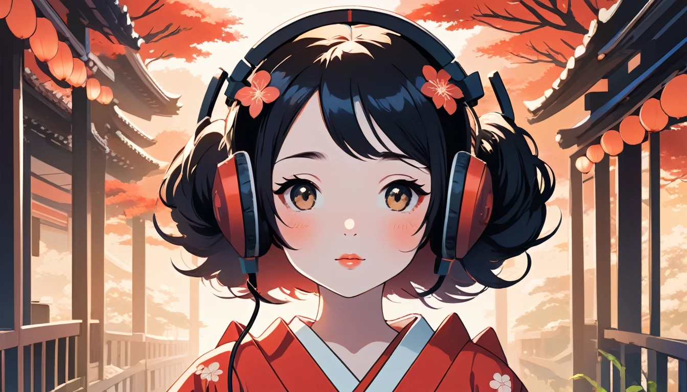 Maiko wearing Japanese style headphones、Wide-angle lens, Lofi Anime, Lofi illustration, Aesthetic atmosphere, Lo-Fi Style, Vector art, Flat Design, Simple shape, Warm tones, Pleasant atmosphere, Chill, In anime style, Digital drawing, Vector art, Vector logo for t-shirt printing, (Adorable:1.5), (small:1.4), (Playful:1.2), (soft:1.3), (Whimsical:1.1), masterpiece, Highest quality, 8k, Intricate details, grow, Celestial, Mysterious, Picturesque, amazing, Majestic, Magic, Fantasy art, Cover art, dream-like