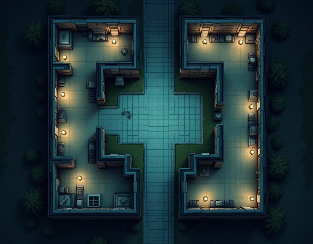 vampire the masquerade, map rpg, ((Map of a U-shaped hospital floor plan with 26 rooms.)), game art, birdseye straight top-down shot from a drone, battlemap, current modern theme, seen from above, role-playing game, empty location, nighttime environment, (with realistic proportions and textures, intricate details, handdrawn, vibrant, cinematic lighting, masterpiece, 8k:1.2)