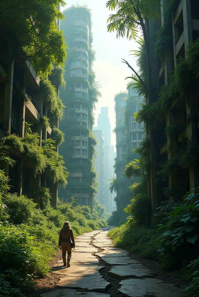 Urban Jungle Overrun by Nature: A dystopian cityscape overtaken by nature, with skyscrapers covered in vines and greenery. Trees grow through cracked pavement, and wild animals roam freely in the streets, reclaiming the urban environment."