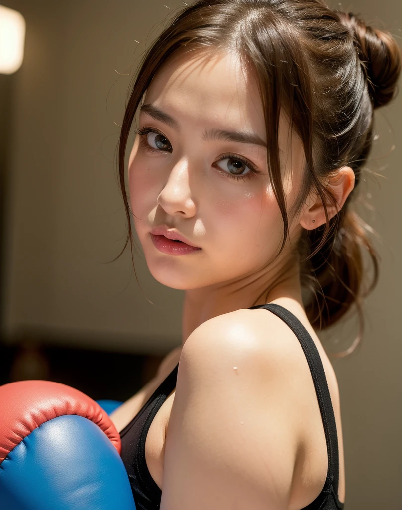 Highest quality, whole body,Soft Light, Ultra-high resolution, (Realistic:1.4), RAW Photos,
1 Japan, alone, cute, (pupil, light in your eyes), Beautiful face in every detail, (Small Box),(High resolution detail of human skin texture),
(Long Hair),
indoor,
(Portraiture)Large Breasts, Brown Hair, Hair Bun, Sportswear,Gym,Sweat,Wet, boxing,手にboxingグローブ装着しサンドバッグに打ち込んでいる,