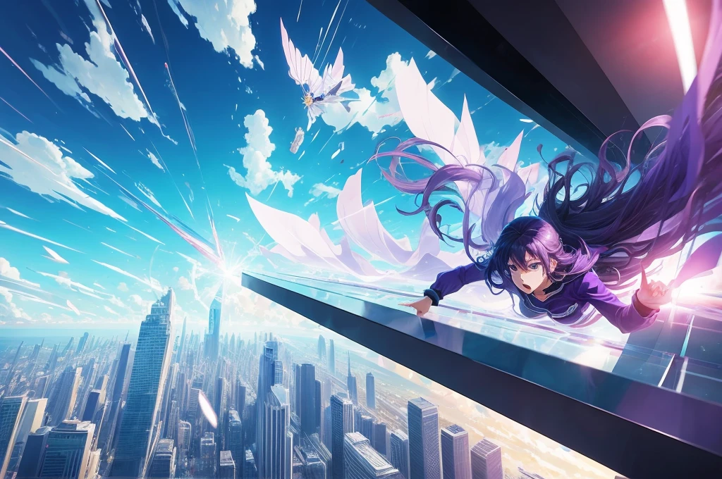 Heroine flying and passing through a glass wall. 2d animation style, ultra realistic anime scene.