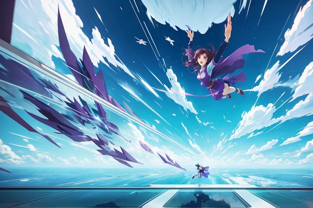 Heroine flying and passing through a glass wall. 2d animation style, ultra realistic anime scene.
