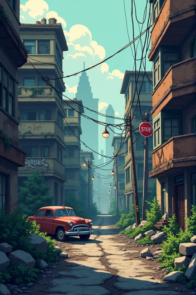 Generates a set of tilesets in pixel art style, Ideal for 2D gaming scenarios. The theme is a post-apocalyptic city, showing ruined buildings, destroyed streets, overgrown vegetation among debris, abandoned and rusty vehicles. Details such as broken windows should be included., fallen street lamps, inclined traffic signs, barrels, puddles of stagnant water, and graffiti on the walls. The environment should have a dark and melancholic look, with muted colors and earth tones (grises, brown, desaturated greens). It also includes additional elements such as destroyed doors., collapsed roofs, and dry or burnt trees that complement the desolate environment
