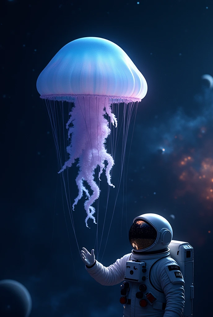 Moon jellyfish in space with an astronaut