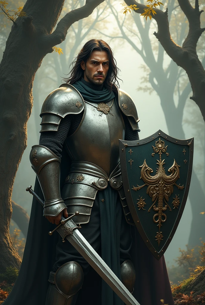Knight in armor holding a sword and shield