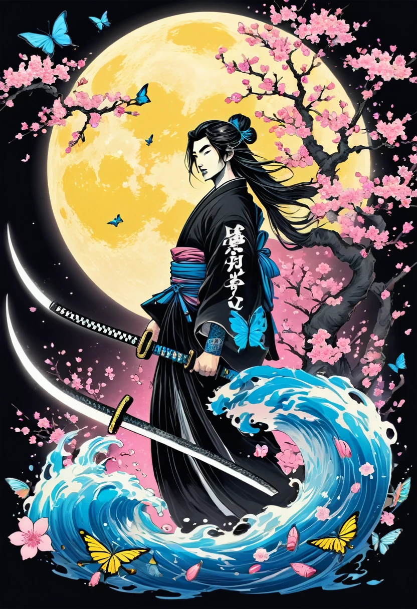 Creative logo illustration black and white drawing of a long hair samurai with colorful koi fishes tattoos holding a sword surrounded by pink cherry blossom and electric blue butterflies, full yellow moon, combined the black and white drawing with vibrant digital colors featuring the word (SAMURAI)  artfully bended and integrated with the shape of the design by dan mumford, jean pierre mong, alex janvier, high definition, intricat details, negative space, tshirts design  