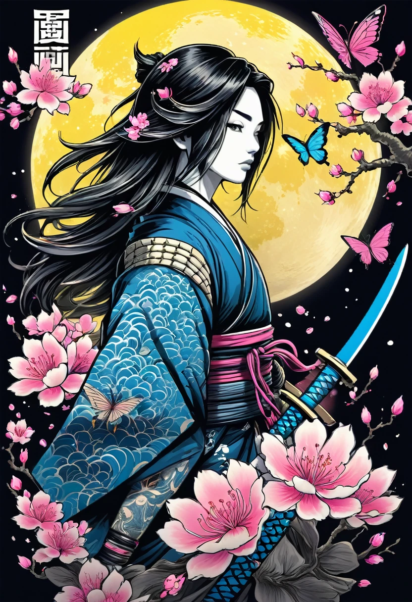 Creative logo illustration black and white drawing of a long hair samurai with colorful koi fishes tattoos holding a sword surrounded by pink cherry blossom and electric blue butterflies, full yellow moon, combined the black and white drawing with vibrant digital colors featuring the word (SAMURAI)  artfully bended and integrated with the shape of the design by dan mumford, jean pierre mong, alex janvier, high definition, intricat details, negative space, tshirts design  