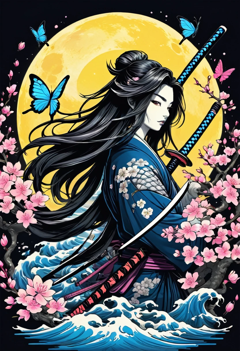 Creative logo illustration black and white drawing of a long hair samurai with colorful koi fishes tattoos holding a sword surrounded by pink cherry blossom and electric blue butterflies, full yellow moon, combined the black and white drawing with vibrant digital colors featuring the word (SAMURAI)  artfully bended and integrated with the shape of the design by dan mumford, jean pierre mong, alex janvier, high definition, intricat details, negative space, tshirts design  