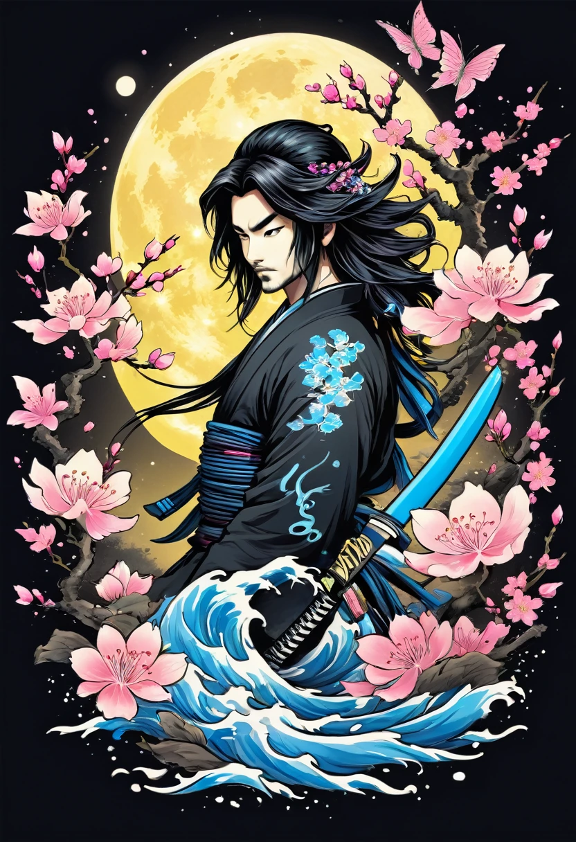 Creative logo illustration black and white drawing of a long hair samurai with colorful koi fishes tattoos holding a sword surrounded by pink cherry blossom and electric blue butterflies, full yellow moon, combined the black and white drawing with vibrant digital colors featuring the word (SAMURAI)  artfully bended and integrated with the shape of the design by dan mumford, jean pierre mong, alex janvier, high definition, intricat details, negative space, tshirts design  