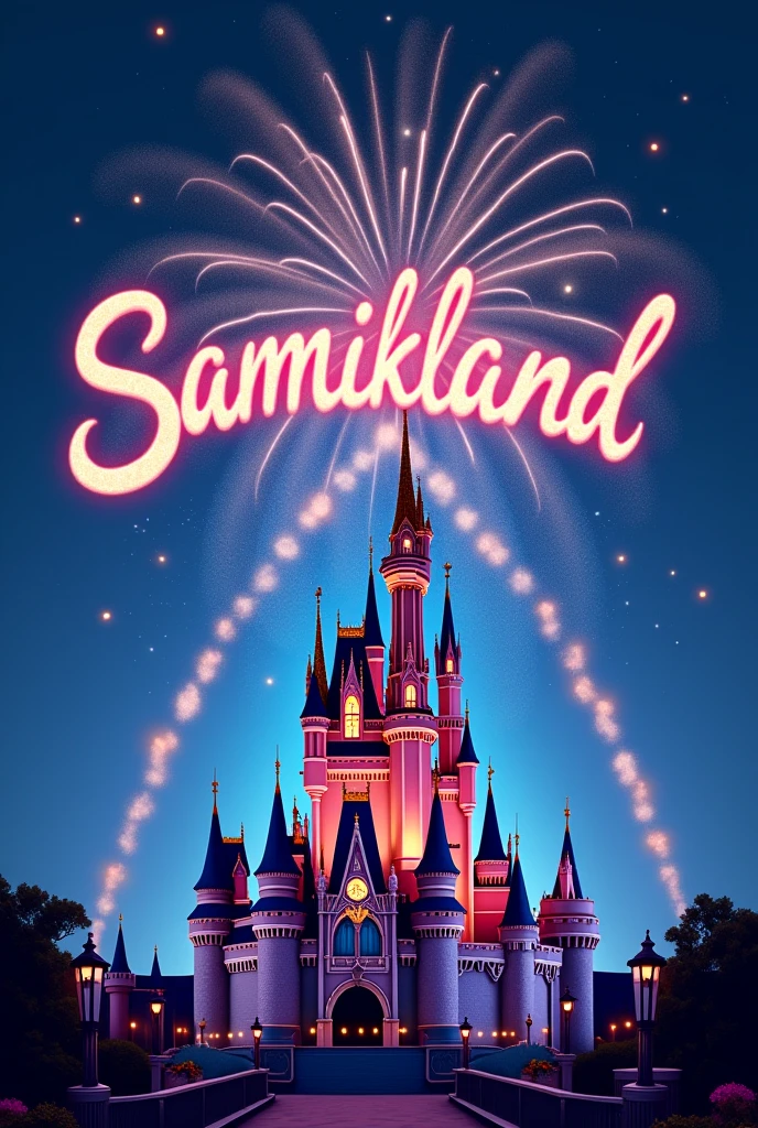 disney castle, like from the screensaver, night sky behind, stars, and on top of the fireworks is the inscription samikland