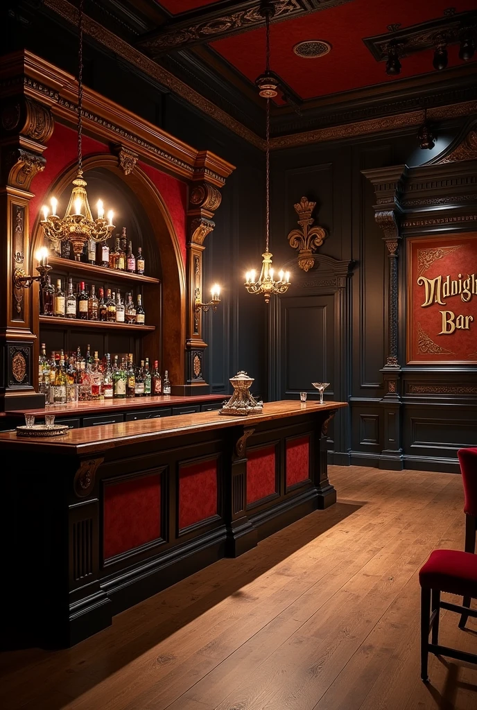 Inside the theater stage A large rustic 18th century bar with antique red and black details, the counter located in the middle, a large antique sideboard from the 18th century and the name "midnight bar". two tables, left and right. A presentation stage to the right of the sideboard.