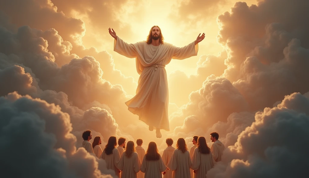 Jesus descending in the middle of the clouds, with an imposing appearance, with a heavenly radiance while the sky is open, angels without wings