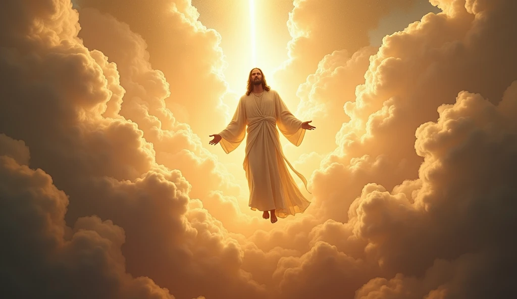 Jesus descending in the middle of the clouds, with an imposing appearance, with a heavenly radiance while the sky is open, angels without wings