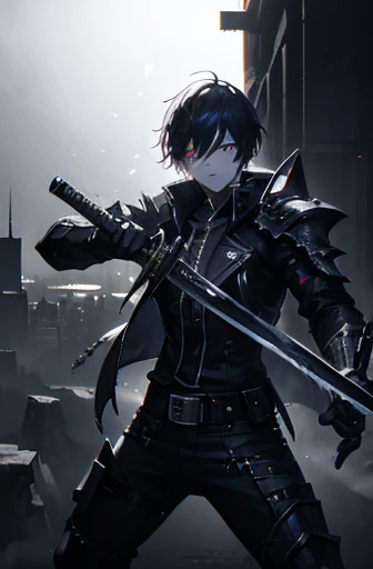anime boy, holding sword, combat pose, detailed face, dramatic lighting, cinematic composition, highly detailed, intricate, digital art, 8k, high resolution, moody atmosphere, dark fantasy, dramatic shadows, glowing eyes, intense expression, cyberpunk style clothing