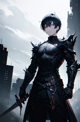 anime boy, holding sword, combat pose, detailed face, dramatic lighting, cinematic composition, highly detailed, intricate, digital art, 8k, high resolution, moody atmosphere, dark fantasy, dramatic shadows, glowing eyes, intense expression, cyberpunk style clothing