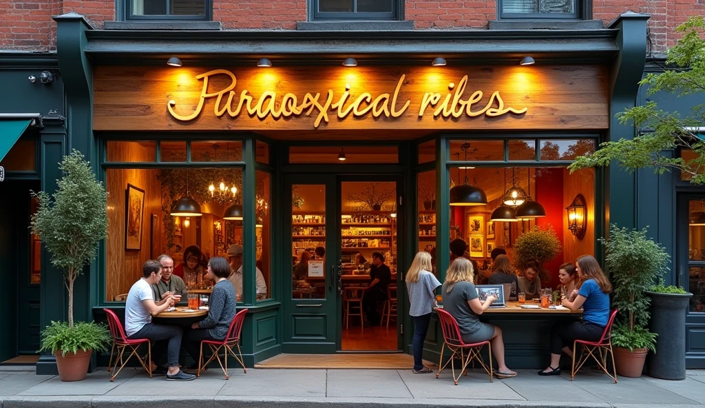 The words "paradoxicalvibes" written in large letters at the top of the coffee house outside, ((highest quality, Highest image quality, High resolution, photorealistic, Raw photo, 8K)), ((8k wallpaper)),