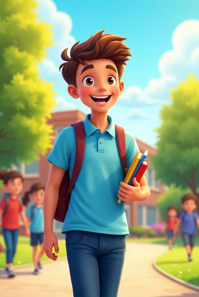 student in cartoon with light blue polo shirt and dark blue pants