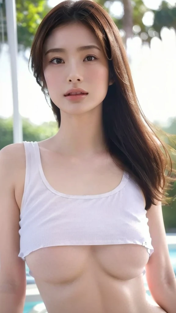 (Surreal), (Consciousness upward), (High resolution), (8k), (Very detailed), (The best Consciousness upwardns), (Beautiful and detailed), (Highest quality), (Very detailedな), (masterpiece), (wallpaper), (Detailed face), Beautiful attention to detail, Beautiful lip detail, 非常にDetailed face, Long eyelashes, Brown wavy hair, bangs, Wet Tight White Crop Top, White tank top, Stand on the edge of the pool, Body facing forward, Show me your armpits, Big Breasts, Huge breasts, Plump body, Perfect figure, Water dripping from the body, Full body portrait, close-up full body，Transparent nipples