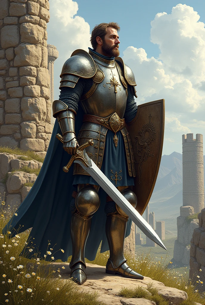 Knight in armor holding a sword and shield 