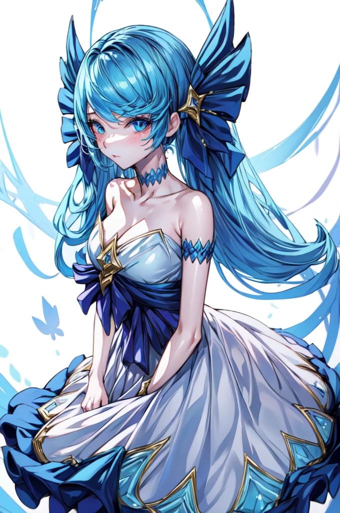 gorgeous anime fairy, in a dark forest, gwen from league of legends, gorgeous blue and white sensual gala dress, sensual pose