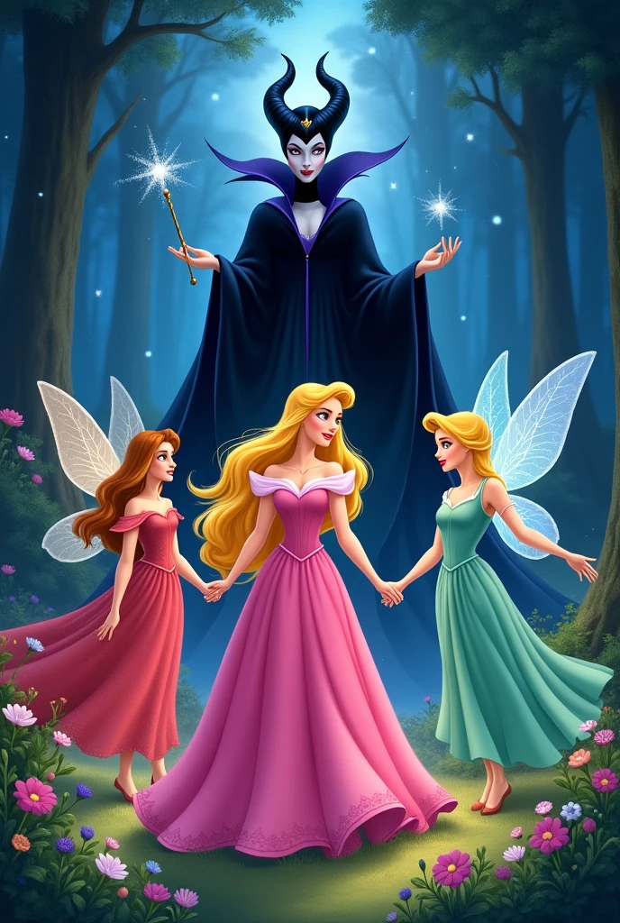 Create a Disney-style cover featuring Sleeping Beauty,the prime, Maleficent, and 3 fairies