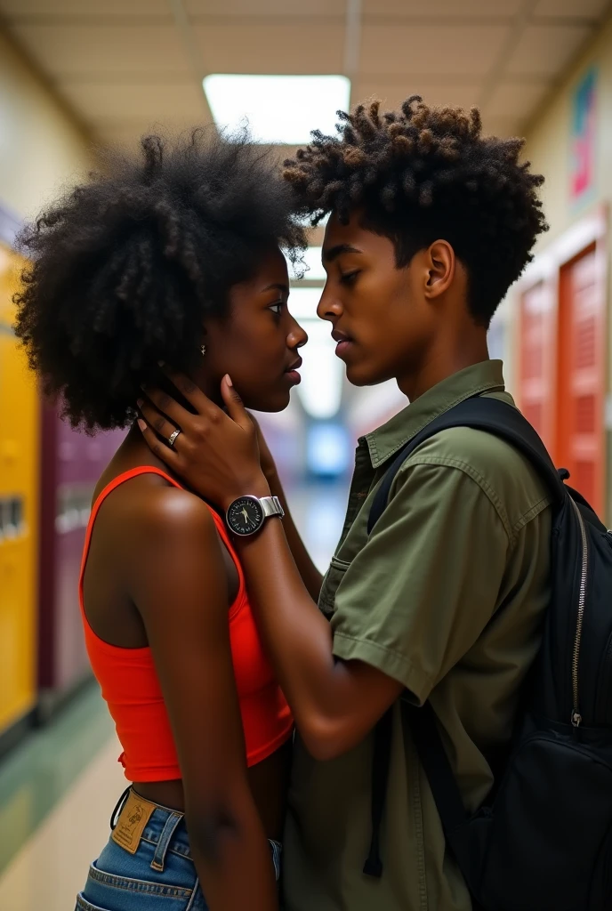  black 16 year old girl curvy) (curly hair and gorgeous ) (looking at each other intensely)  Mexican  boy ( who is 16 with black curly hair)  (in school) (caressing her neck)