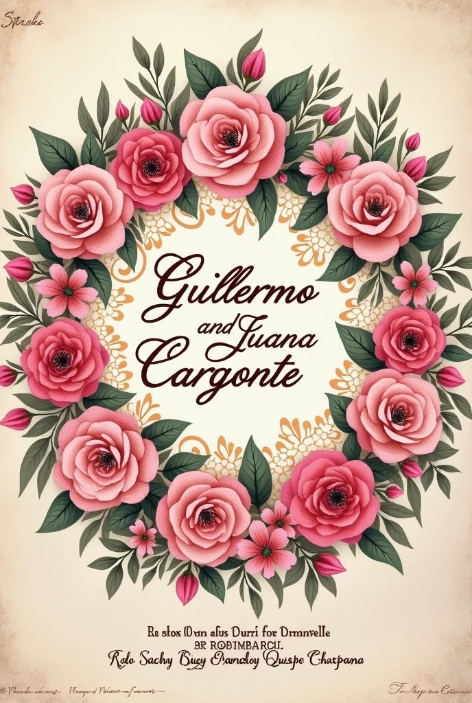 Mandala type, I want a sketch of pink flowers or some nice proposal to embroider with wool and by hand and half of it colored and the rest to continue the coloring just drawn on a square fabric, that the base is a nice color but by no means black And that in the center it says:
Guillermo and Juana Cargonte In honor of the Virgin of the Snows of Umamarca and finally say: Rdo. Sachi Mady Quispe Chipana