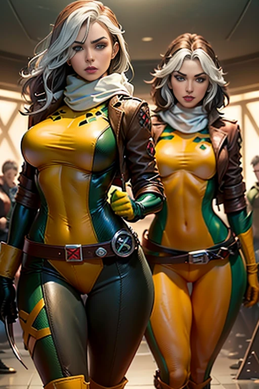 Masterpiece, hd, 8k, ultra detailed, photorealistic !(Rogue is a mutant superhero who has the power to absorb the memories, powers, and characteristics of anyone she touches. Her appearance and wardrobe have varied over the years, but some elements are constant. Rogue has brown hair with a white streak in the front, which is the result of permanently absorbing Ms. Marvel's powers¹. Her eyes are green and she usually wears discreet makeup. His most characteristic wardrobe is a green and yellow bodysuit with a brown leather jacket over it. The suit has a belt with an X and high boots. Rogue also wears gloves to prevent accidental contact with other people. Sometimes Rogue accessorizes her outfit with a scarf, cap, or sunglasses. Rogue has an athletic figure and average height. Their expression is usually confident and defiant, but can also show vulnerability and tenderness. Rogue is a southern belle who has become a leader of the X-Men)