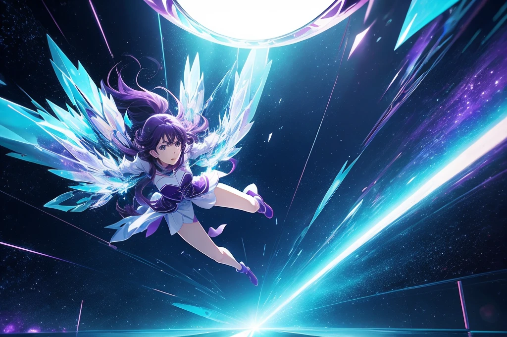 Heroine flying and passing through a glass wall in universe. 2d animation style, ultra realistic anime scene.