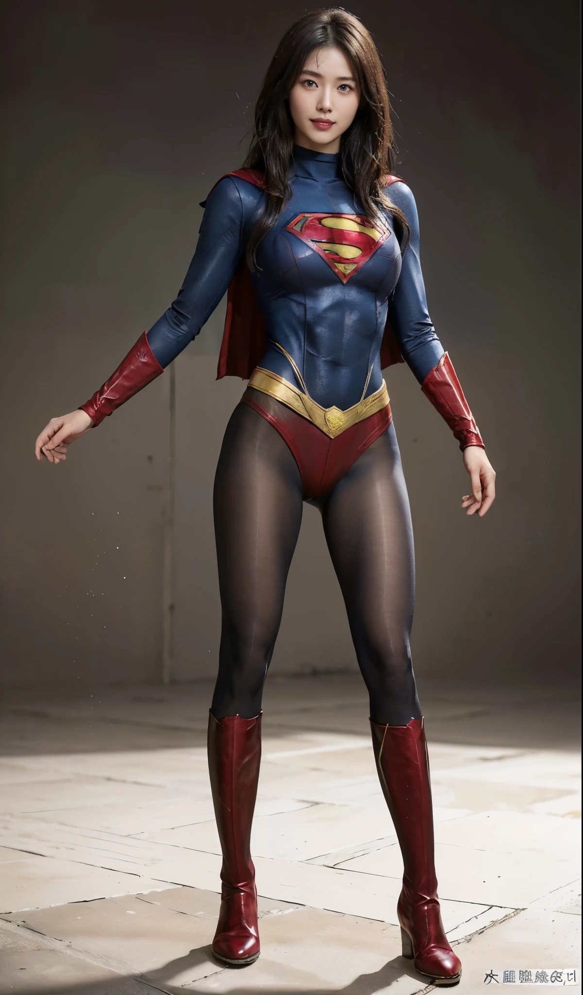No background、(((Beautiful legs in black tights.)))、(((Legally express the beauty of your smile)))、((((Make the most of your original images)))、(((Supergirl Costume)))、(((Beautiful Hair)))、(((suffering)))、(((Please wear black tights....、Wear red boots)))、((Best image quality、8k))、((Highest quality、8k、masterpiece:1.3))、(((Preserve background )))、Sharp focus:1.2、Beautiful woman with perfect figure:1.4、Slim Abs:1.2、Wet body:1.5、Highly detailed face and skin texture、8k