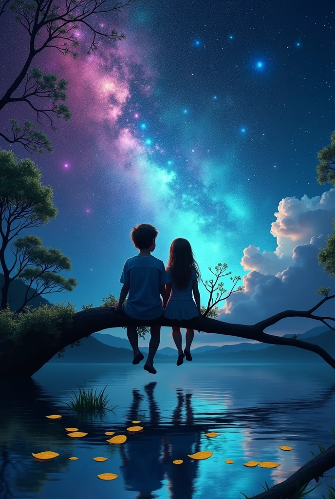 Animate 8k quality pictures of a boy and a girl setting on the branche at night looking at the moon the sky in neon in colour the sky has stars which are clear and high quality and Infront there is water which are clear and quality which the leaves which a yellow in colour float on water