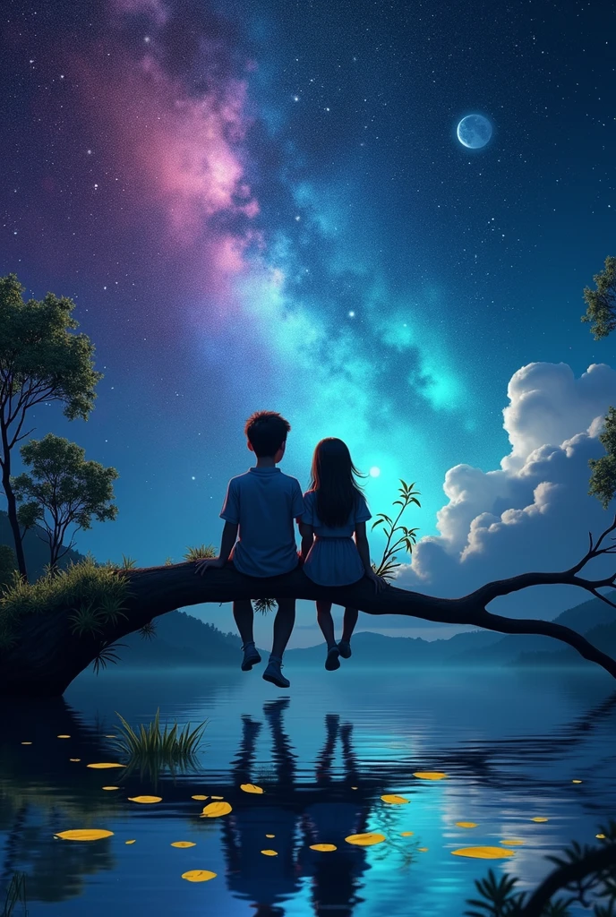 Animate 8k quality pictures of a boy and a girl setting on the branche at  night looking at the moon the sky in neon in colour the sky has stars which are clear and high quality and Infront there is water which are clear and quality which the leaves which a yellow in colour float on water