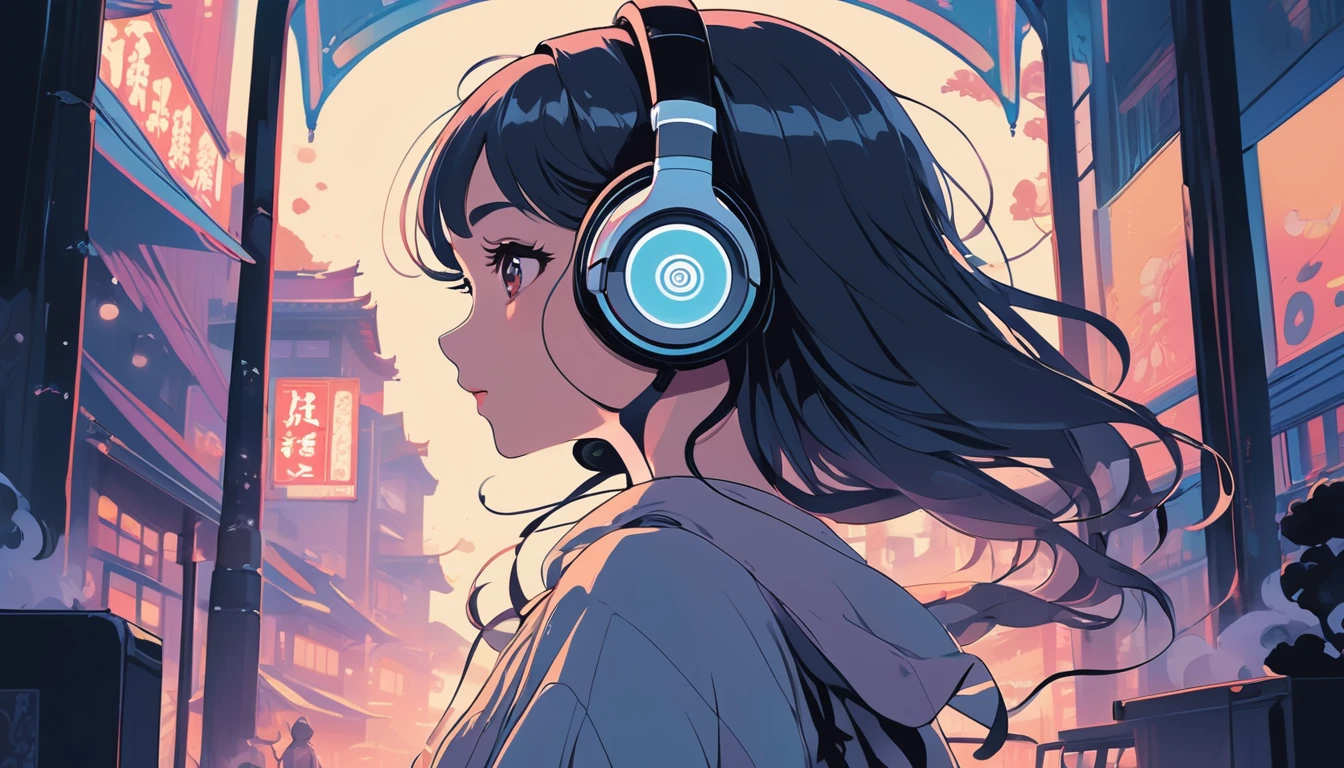 Sexy courtesan wearing Japanese style headphones、smoke tube、Wide-angle lens, Lofi Anime, Lofi illustration, Aesthetic atmosphere, Lo-Fi Style, Vector art, Flat Design, Simple shape, Warm tones, Pleasant atmosphere, Chill, In anime style, Digital drawing, Vector art, Vector logo for t-shirt printing, (Adorable:1.5), (small:1.4), (Playful:1.2), (soft:1.3), (Whimsical:1.1), masterpiece, Highest quality, 8k, Intricate details, grow, Celestial, Mysterious, Picturesque, amazing, Majestic, Magic, Fantasy art, Cover art, dream-like