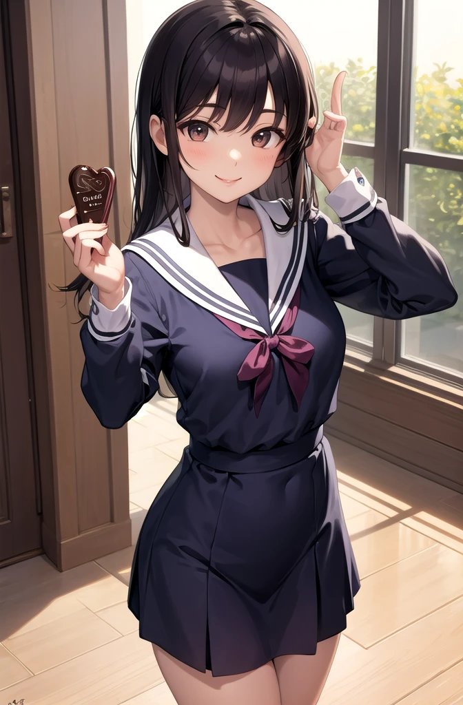 smile,female,Sailor suit,chocolate,I hold it in my right hand,