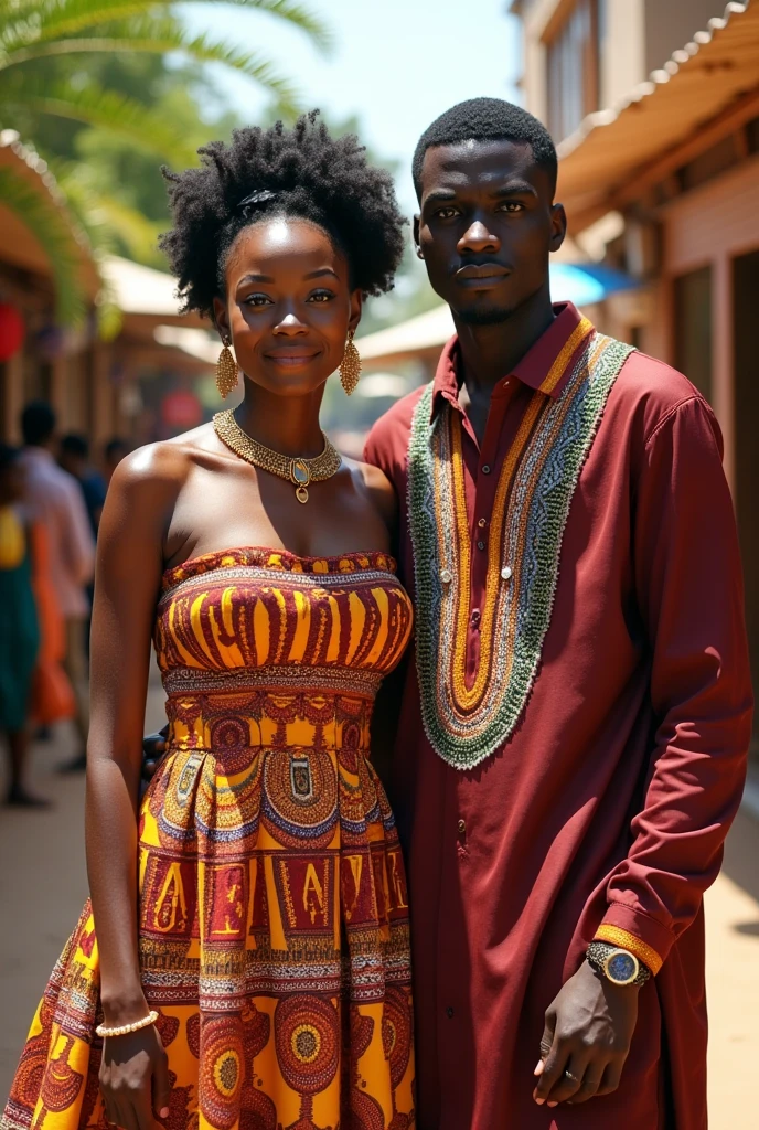 Make me a picture of an African woman, her dress is written &quot;Uraha&quot; when she is with a man, her dress is written with &quot;pearls&quot; on the front